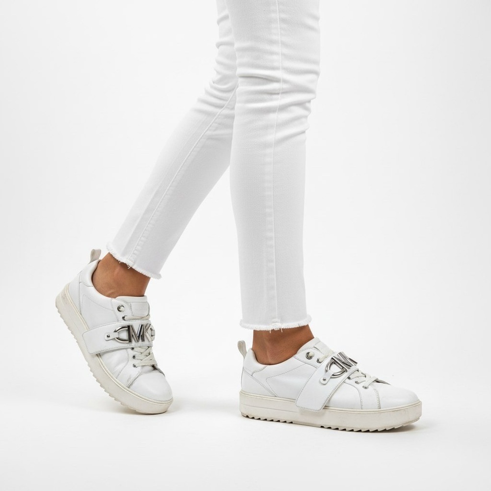 Michael Kors White Leather Sneakers Platform Logo Strap 9 Women's